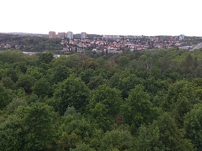 Je vidět část sídliště Černý most, v popředí rozsáhlý lesopark
